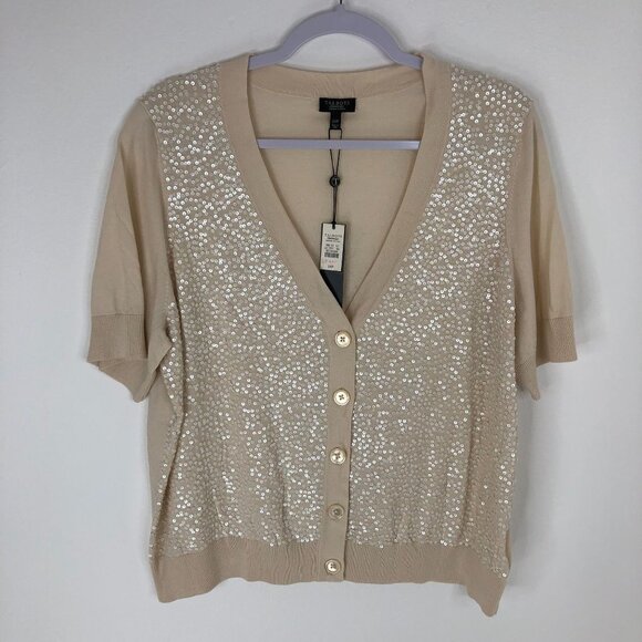 Talbots Women Cream Sequin Button Up Short Sleeve V-Neck Cardigan Size 2XP NWT - Picture 1 of 10